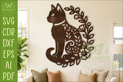 Floral Cat Wall Art SVG, Cat Lover Laser Cut Sign Decor SVG APInspireddesigns 