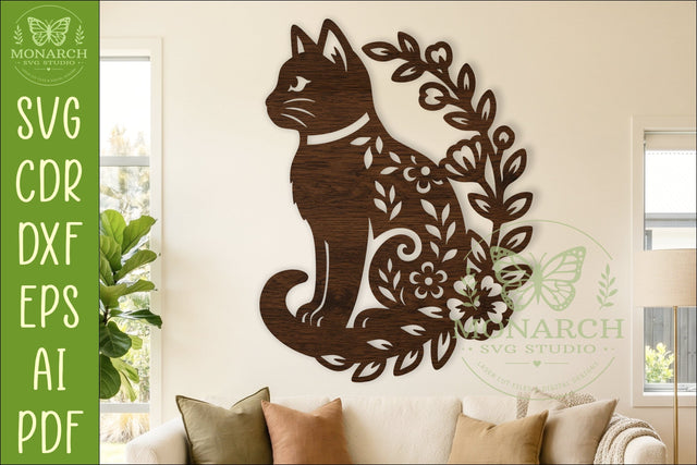 Floral Cat Wall Art SVG, Cat Lover Laser Cut Sign Decor SVG APInspireddesigns 