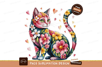 Floral Cat Watercolor Artwork Sublimation Png Sublimation Designangry 