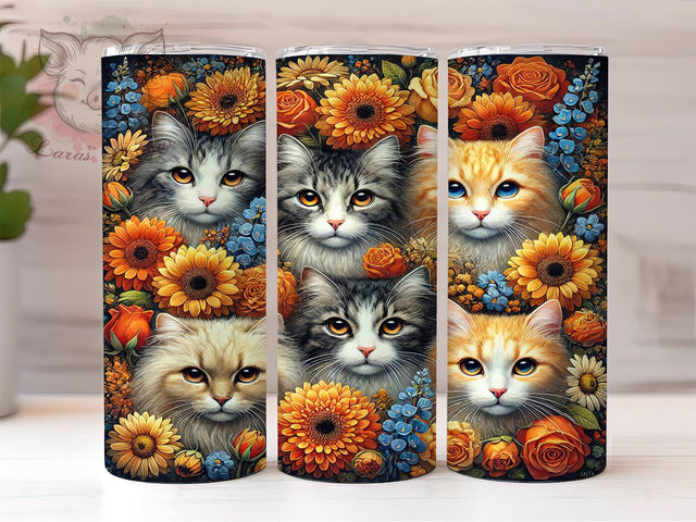 Floral Cats Custom Pet Lover Tumbler Wrap, Cats Tumbler, Floral Tumbler, 20oz Tumbler Wrap, Sublimation Tumbler, Cat Lover Gift, Pet Lover, Custom Drinkware Sublimation Lara' s Designs 
