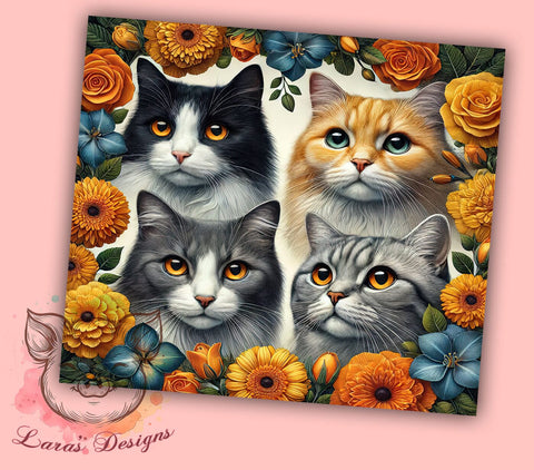 Floral Cats Custom Pet Lover Tumbler Wrap, Cats Tumbler, Floral Tumbler, 20oz Tumbler Wrap, Sublimation Tumbler, Cat Lover Gift, Pet Lover, Custom Drinkware Sublimation Lara' s Designs 