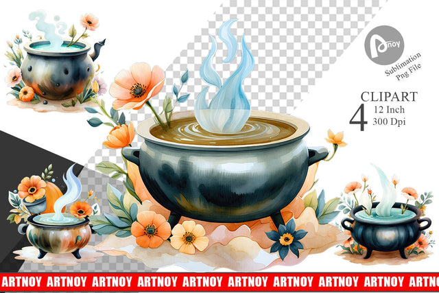 Floral Cauldron Watercolor Clipart Sublimation artnoy 
