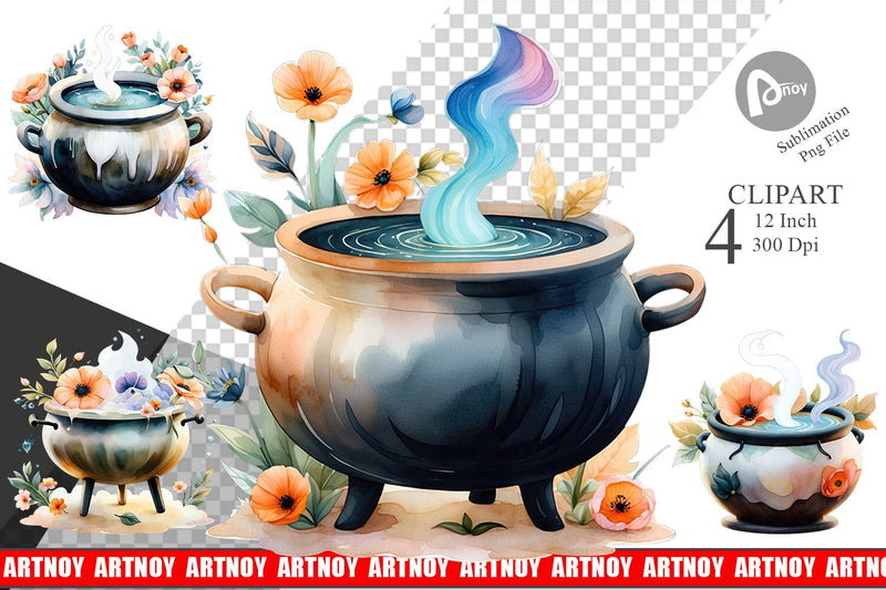 Floral Cauldron Watercolor Clipart Sublimation artnoy 