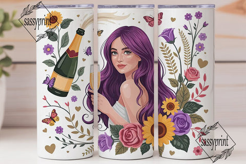 Floral Champagne Woman 20oz Tumbler Wrap Sublimation sassyprint 
