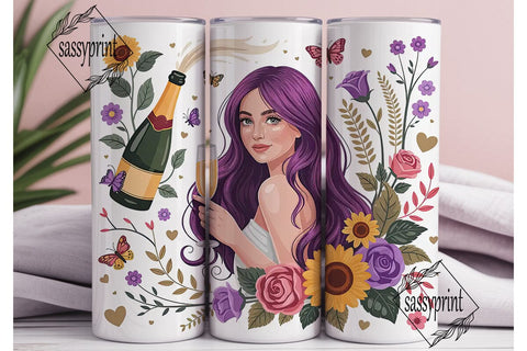Floral Champagne Woman 20oz Tumbler Wrap Sublimation sassyprint 