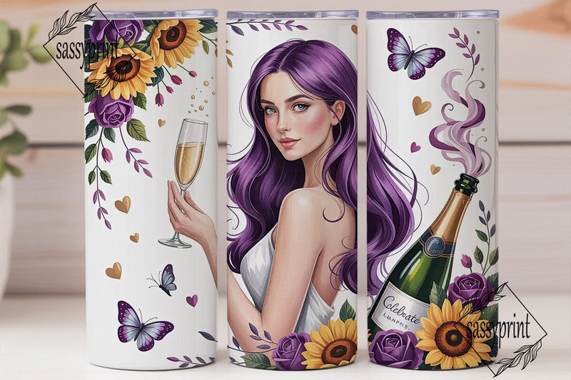 Floral Champagne Woman 20oz Tumbler Wrap Sublimation sassyprint 