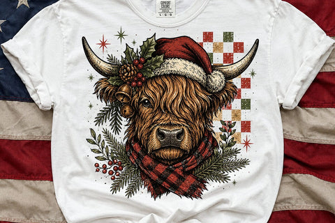 floral checkered Christmas highland cow Santa Claus PNG, Preppy Christmas Png, Xmas png, Cowgirl Png, Christmas PNG, Christmas Season Png SVG DesignDestine 