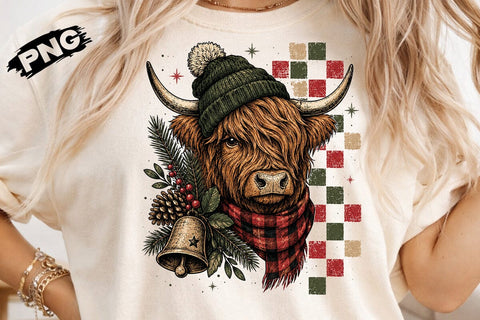 floral checkered Christmas highland cow Santa Claus PNG, Preppy Christmas Png, Xmas png, Cowgirl Png, Christmas PNG, Christmas Season Png SVG DesignDestine 