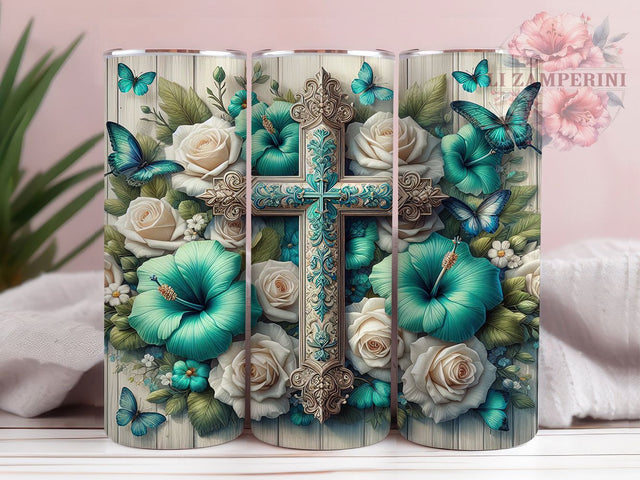 Floral Christian Cross Faith 20oz Tumbler, Floral Design, Faith Theme, 20oz Wrap, Sublimation Design, Religious Style, PNG File Sublimation Li Zamperini 