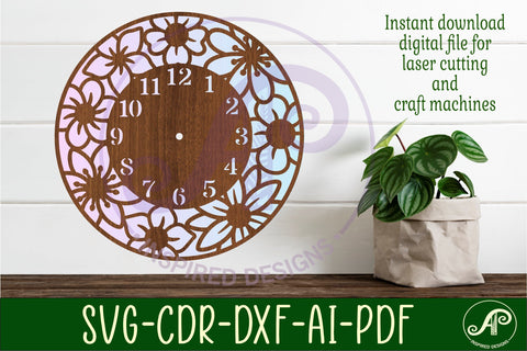 Floral clock wall clock laser cut files SVG APInspireddesigns 