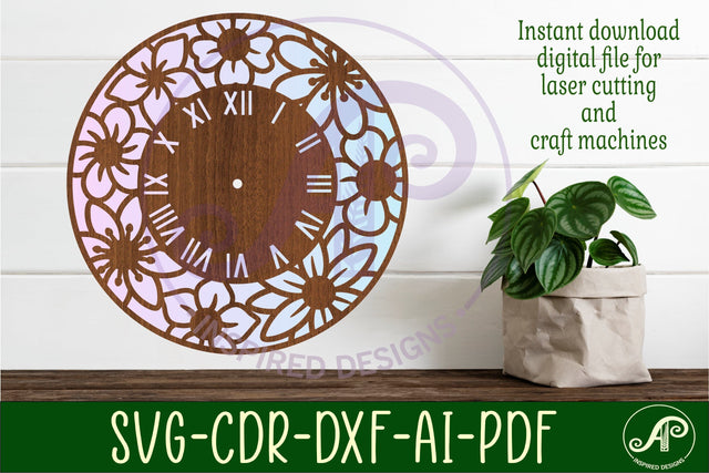 Floral clock wall clock laser cut files SVG APInspireddesigns 