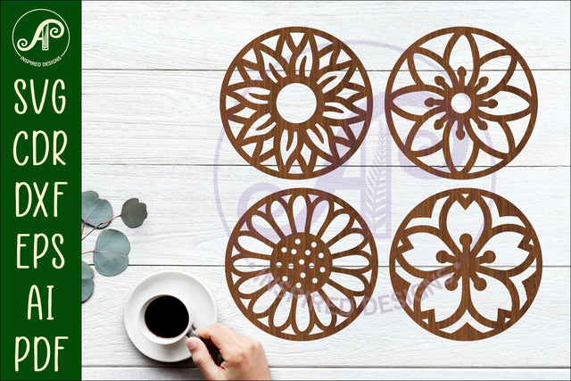 Floral Coasters, laser cut out flower coaster SVG APInspireddesigns 