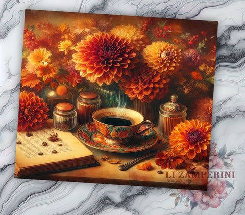 Floral Coffee Tumbler, Fall Tumbler Design, 20oz Tumbler, Sublimation PNG, Autumn Drinkware, Coffee Lover Gift, Seasonal Tumbler, Flower Coffee Design Sublimation Li Zamperini 