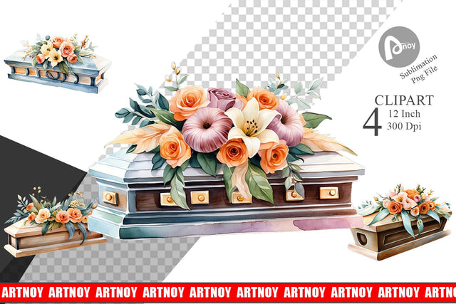 Floral Coffin Watercolor Clipart Sublimation artnoy 