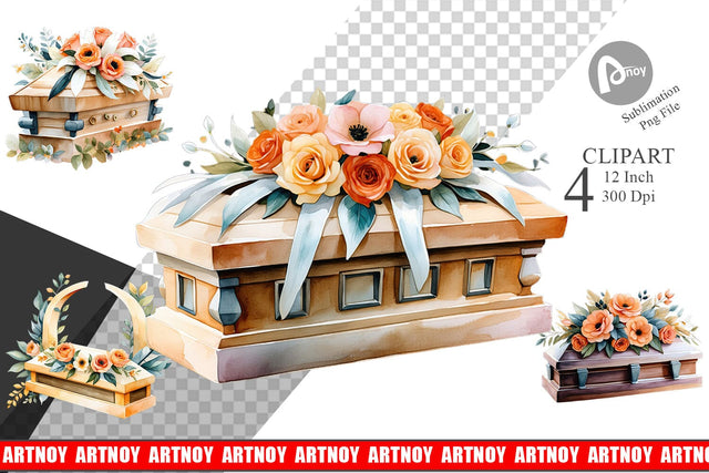 Floral Coffin Watercolor Clipart Sublimation artnoy 