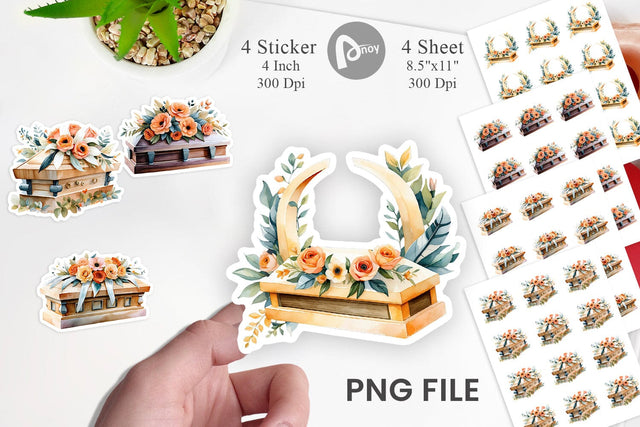 Floral Coffin Watercolor Sticker Sublimation artnoy 
