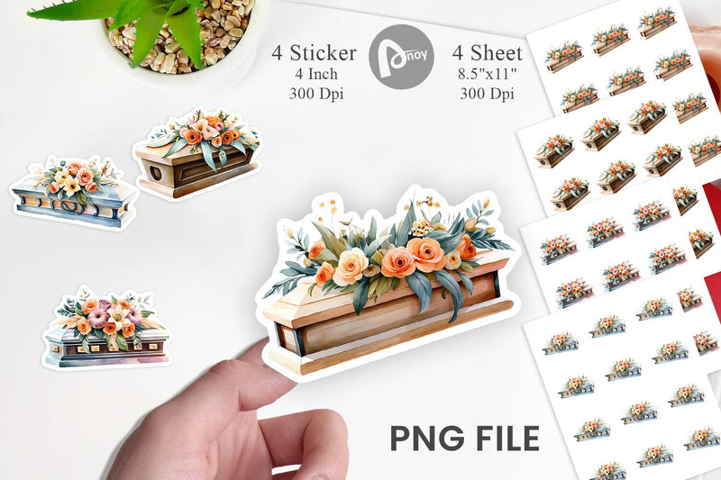Floral Coffin Watercolor Sticker Sublimation artnoy 