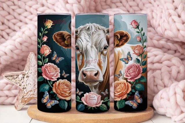Floral Cow 20oz Tumbler Wrap Sublimation DesignSVG 