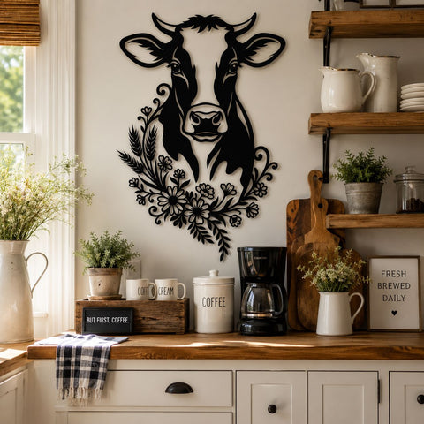 Floral Cow Laser SVG | Cow Face DXF | Farmhouse Metal Wall Art | Cow Head CNC Cut File | Rustic Farm Animal Svg | Plasma Laser Cut Files SVG HappyDesignStudio 