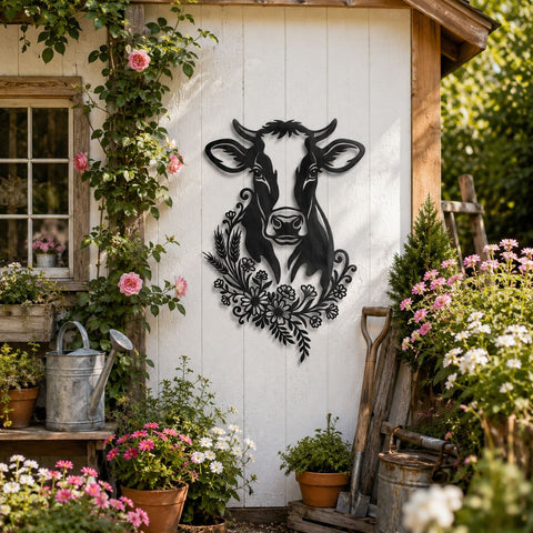 Floral Cow Laser SVG | Cow Face DXF | Farmhouse Metal Wall Art | Cow Head CNC Cut File | Rustic Farm Animal Svg | Plasma Laser Cut Files SVG HappyDesignStudio 