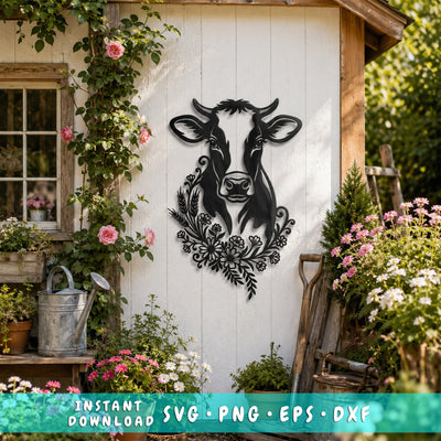 Floral Cow Laser SVG | Cow Face DXF | Farmhouse Metal Wall Art | Cow Head CNC Cut File | Rustic Farm Animal Svg | Plasma Laser Cut Files SVG HappyDesignStudio 