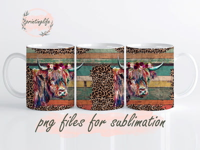 Floral Cow, Rainbow Wood, Instant Digital Design Download Mug Wrap Design, Mug Design PNG Sublimation PrintingLife 
