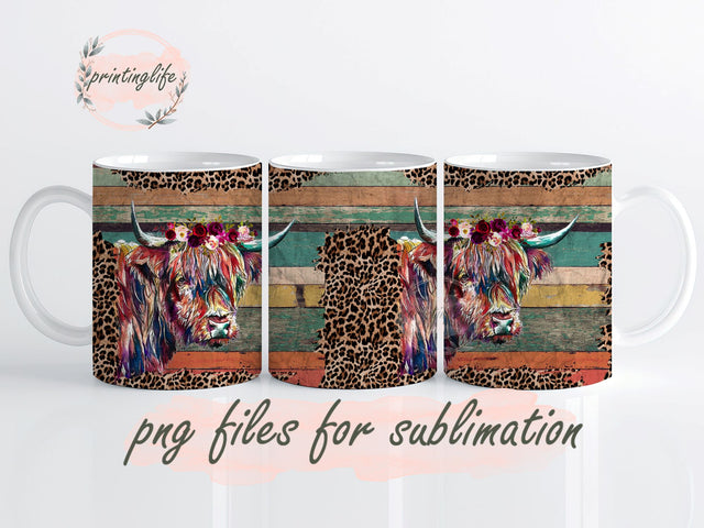 Floral Cow, Rainbow Wood, Instant Digital Design Download Mug Wrap Design, Mug Design PNG Sublimation PrintingLife 