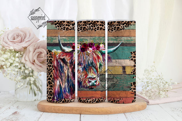 Floral Cow, Rainbow Wood, Leopard Print, Country Chic, Sublimation, 20 oz Skinny Tumbler, Instant Digital Download Sublimation sassyprint 