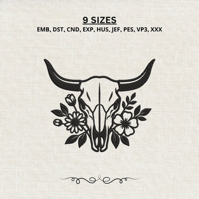 Floral Cow Skull Embroidery Design – Western Bull Skull Wildflower Boho Machine Embroidery File Embroidery/Applique DESIGNS PatternFeed8 