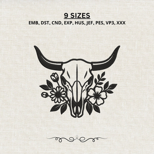 Floral Cow Skull Embroidery Design – Western Bull Skull Wildflower Boho Machine Embroidery File Embroidery/Applique DESIGNS PatternFeed8 