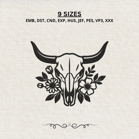 Floral Cow Skull Embroidery Design – Western Bull Skull Wildflower Boho Machine Embroidery File Embroidery/Applique DESIGNS PatternFeed8 