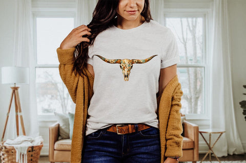 Floral Cow Skull PNG, Boho Western Longhorn Skull Sublimation Design Sublimation Pickled Thistle Creative 