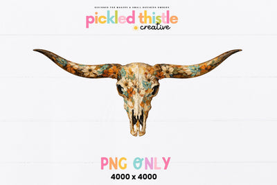 Floral Cow Skull PNG, Boho Western Longhorn Skull Sublimation Design Sublimation Pickled Thistle Creative 