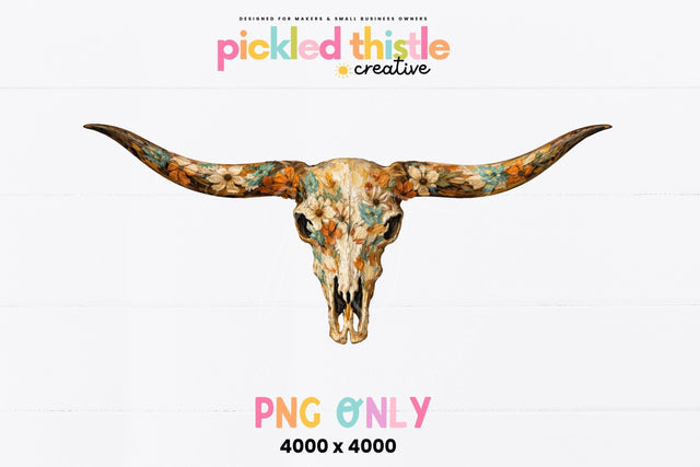 Floral Cow Skull PNG, Boho Western Longhorn Skull Sublimation Design Sublimation Pickled Thistle Creative 