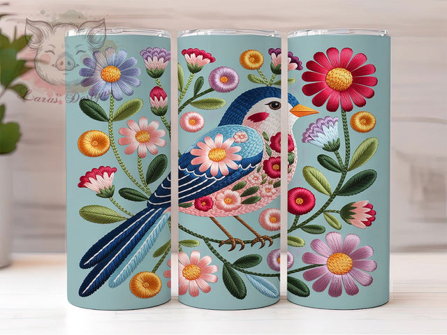 Floral Crochet Elegant Bird Tumbler, Bird with Flowers Sublimation Design, Elegant Crochet Bird Art, 20oz Holiday Tumbler, Whimsical Bird Mug, Stylish Crochet Cup, Cozy Bird Wrap Sublimation Lara' s Designs 