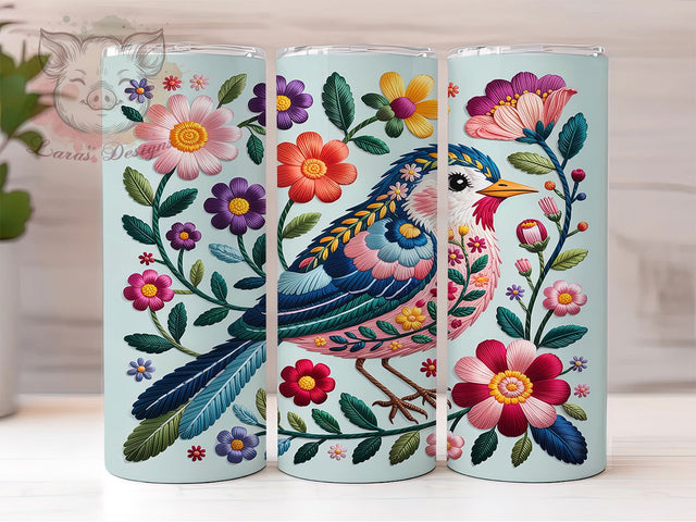 Floral Crochet Elegant Bird Tumbler, Bird with Flowers Sublimation Design, Elegant Crochet Bird Art, 20oz Holiday Tumbler, Whimsical Bird Mug, Stylish Crochet Cup, Cozy Bird Wrap Sublimation Lara' s Designs 