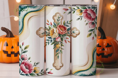 Floral Cross 20oz Tumbler Wrap Sublimation PixelChick 