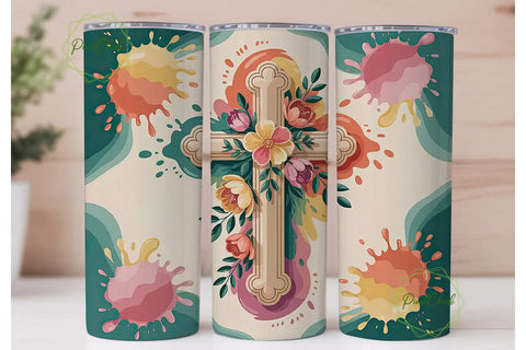Floral Cross 20oz Tumbler Wrap Sublimation PixelChick 