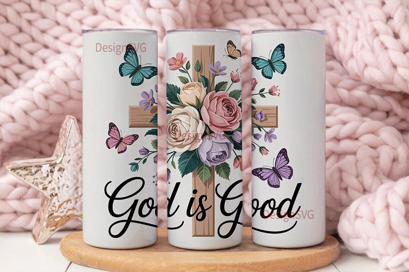 Floral Cross & Butterflies 20oz Tumbler Sublimation DesignSVG 
