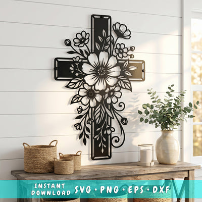 Floral Cross Laser SVG | Christian Cross Flower DXF Cut File | Laser Cut Metal Wall Art | CNC Plasma Cutting Design | Religious Svg Png Eps SVG HappyDesignStudio 