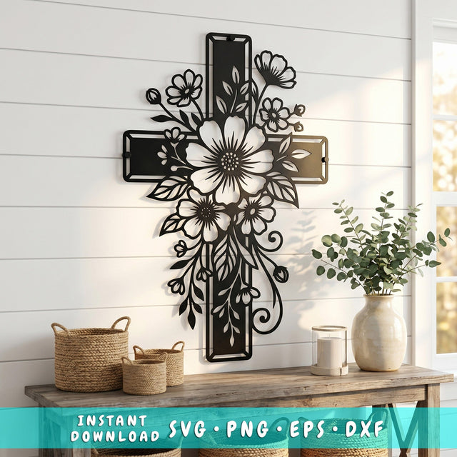 Floral Cross Laser SVG | Christian Cross Flower DXF Cut File | Laser Cut Metal Wall Art | CNC Plasma Cutting Design | Religious Svg Png Eps SVG HappyDesignStudio 