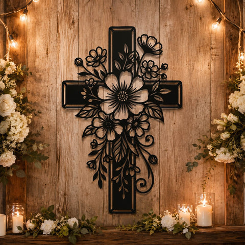 Floral Cross Laser SVG | Christian Cross Flower DXF Cut File | Laser Cut Metal Wall Art | CNC Plasma Cutting Design | Religious Svg Png Eps SVG HappyDesignStudio 