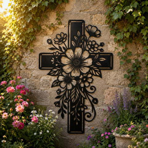 Floral Cross Laser SVG | Christian Cross Flower DXF Cut File | Laser Cut Metal Wall Art | CNC Plasma Cutting Design | Religious Svg Png Eps SVG HappyDesignStudio 