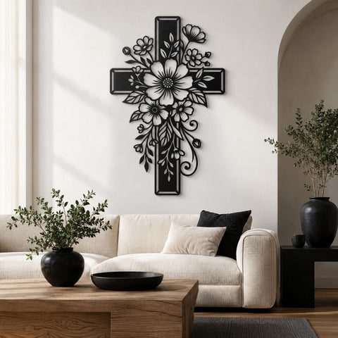 Floral Cross Laser SVG | Christian Cross Flower DXF Cut File | Laser Cut Metal Wall Art | CNC Plasma Cutting Design | Religious Svg Png Eps SVG HappyDesignStudio 