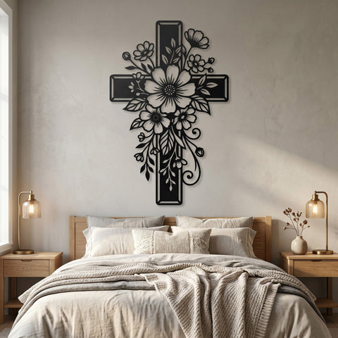 Floral Cross Laser SVG | Christian Cross Flower DXF Cut File | Laser Cut Metal Wall Art | CNC Plasma Cutting Design | Religious Svg Png Eps SVG HappyDesignStudio 