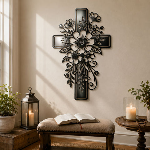 Floral Cross Laser SVG | Christian Cross Flower DXF Cut File | Laser Cut Metal Wall Art | CNC Plasma Cutting Design | Religious Svg Png Eps SVG HappyDesignStudio 