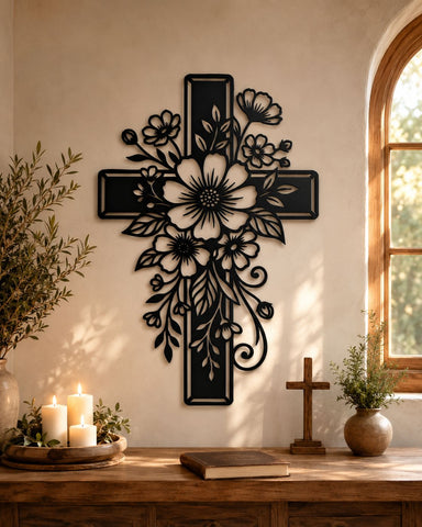 Floral Cross Laser SVG | Christian Cross Flower DXF Cut File | Laser Cut Metal Wall Art | CNC Plasma Cutting Design | Religious Svg Png Eps SVG HappyDesignStudio 