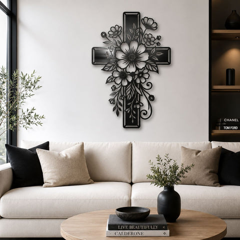 Floral Cross Laser SVG | Christian Cross Flower DXF Cut File | Laser Cut Metal Wall Art | CNC Plasma Cutting Design | Religious Svg Png Eps SVG HappyDesignStudio 