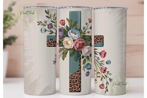Floral Cross Leopard 20oz Tumbler Wrap Sublimation PixelChick 