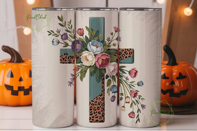 Floral Cross Leopard 20oz Tumbler Wrap Sublimation PixelChick 